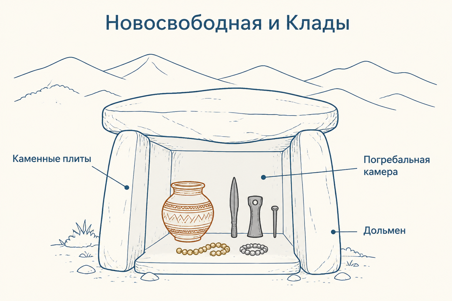 Каменная гробница новосвободненского типа: плиты, погребальная камера, сосуды и украшения в урочище Клады