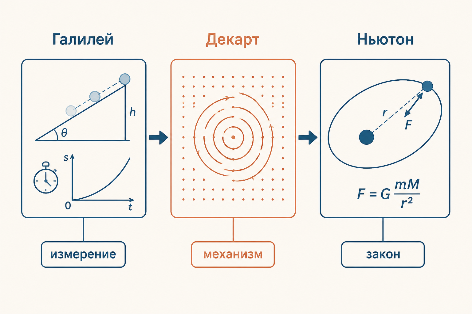 Переход от измерения движения к механизму и универсальному закону у Галилея, Декарта и Ньютона