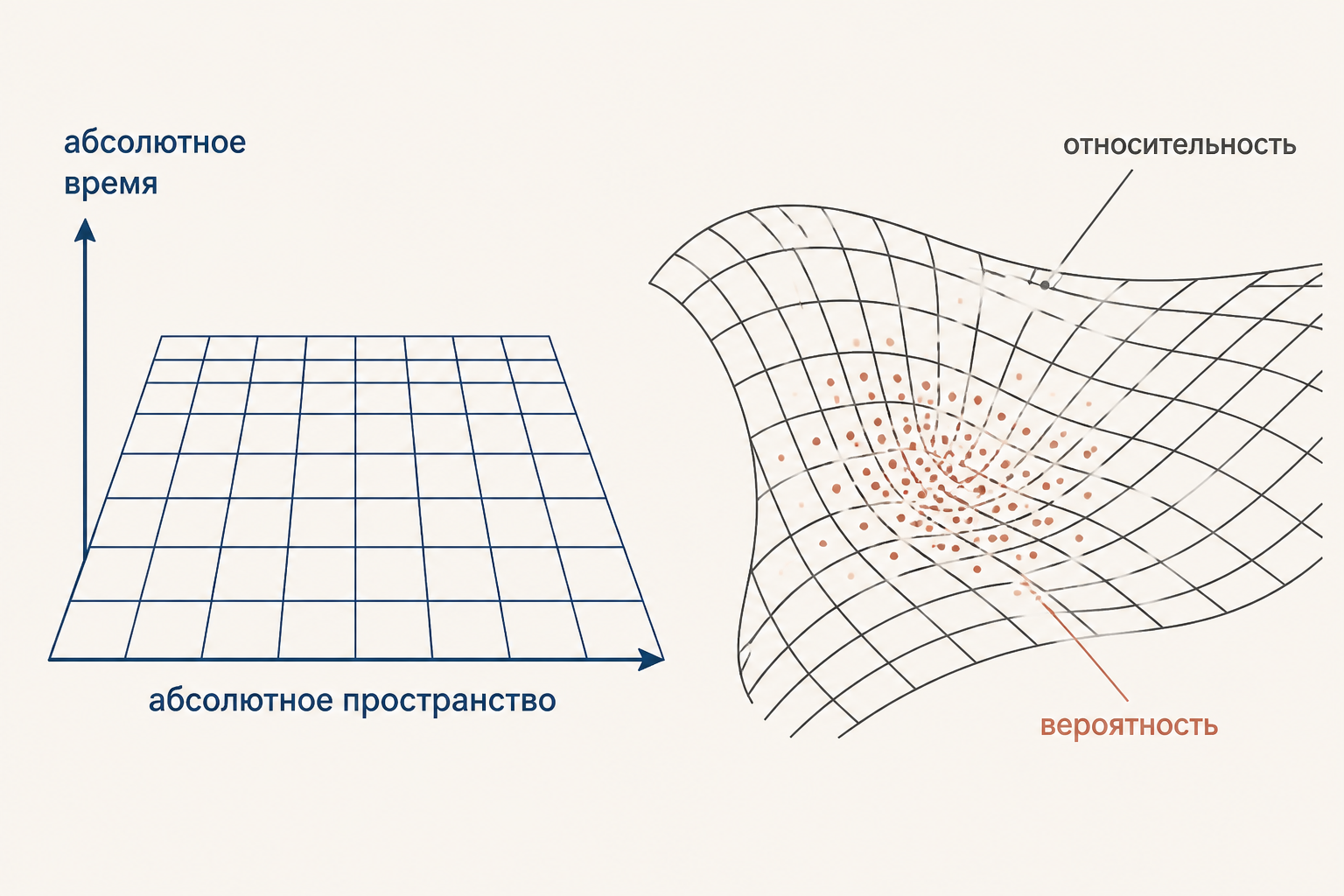 Сопоставление абсолютного пространства и времени с относительностью и вероятностным описанием