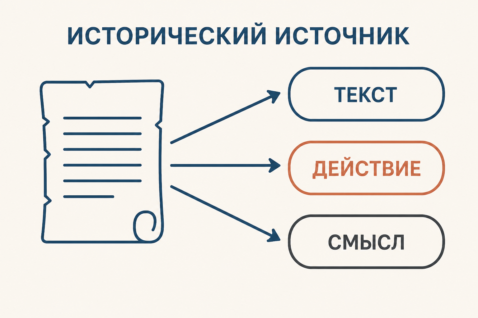 Открытый исторический документ, от которого расходятся три линии к подписям «текст», «действие», «смысл»; строгая учебная схема