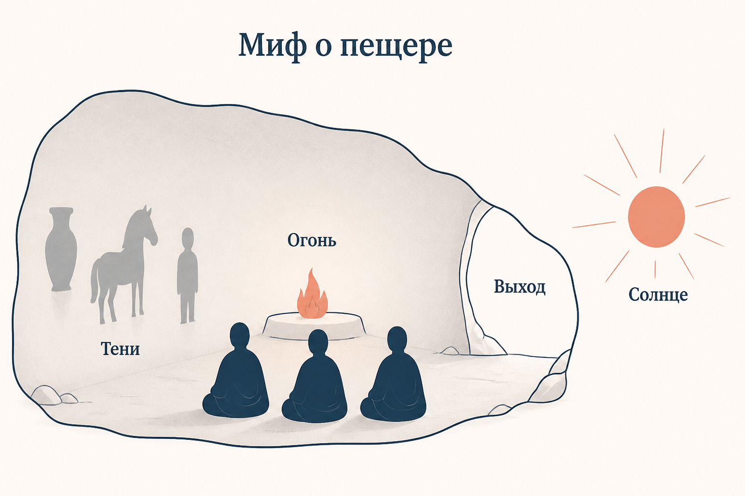 Схема пещеры Платона: огонь, тени на стене, выход к свету и солнце как идея блага