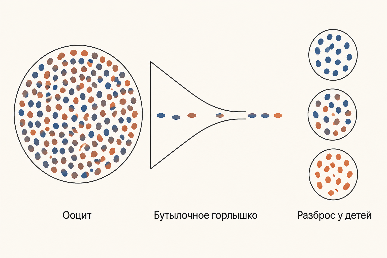 Из большого пула митохондриальной ДНК ооцита через узкое бутылочное горлышко проходит малая случайная выборка, поэтому нагрузка у потомков расходится