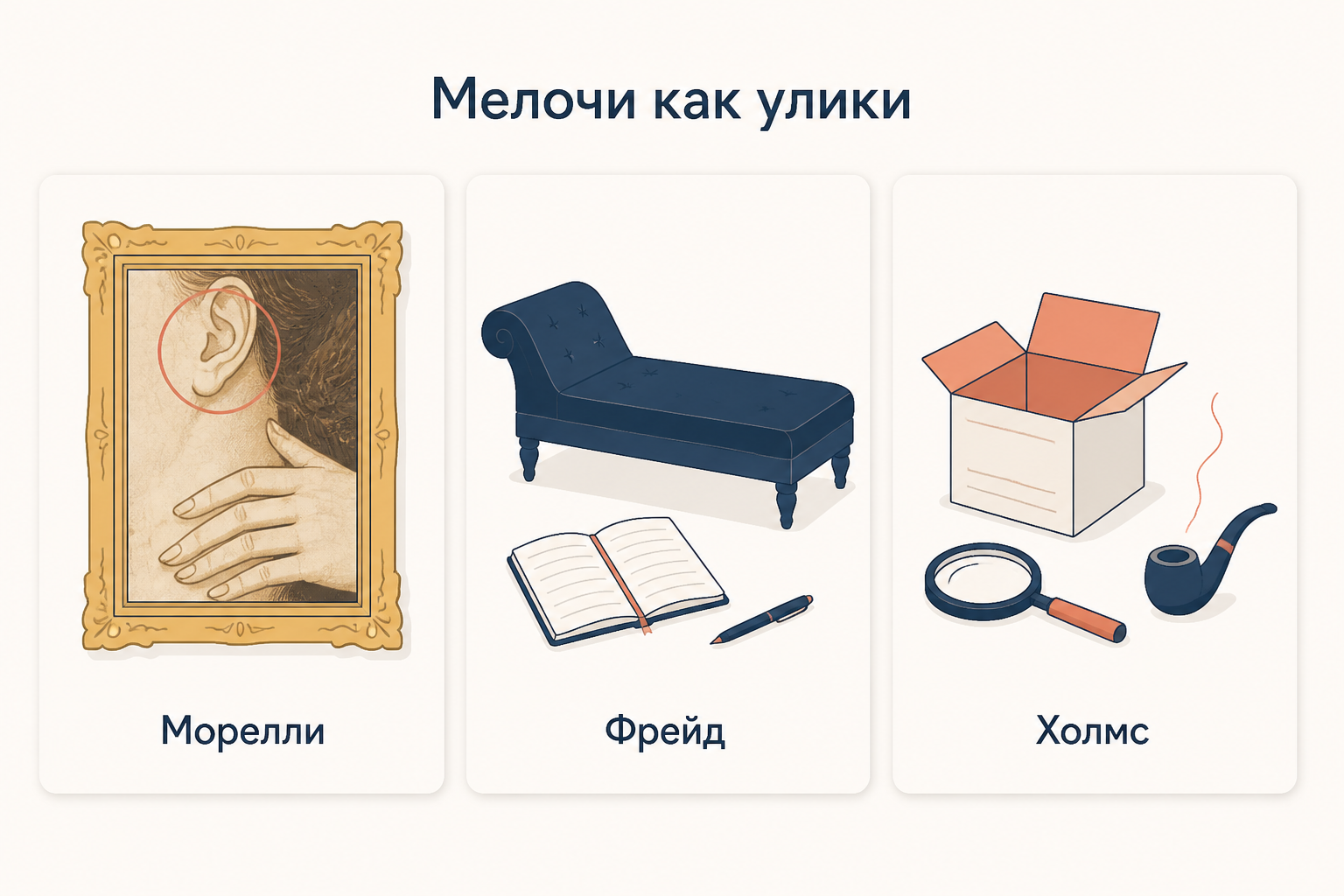Три панели под заголовком «Мелочи как улики»: фрагмент картины с обведённой мочкой уха, кушетка аналитика с блокнотом, картонная коробка с лупой и трубкой