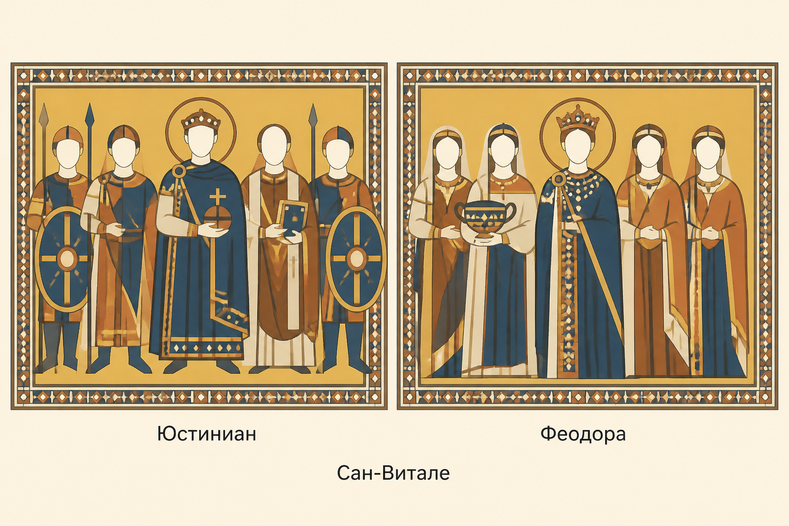 Схема двух панелей Сан-Витале: император с духовенством и войском, императрица с придворными и евхаристическими дарами