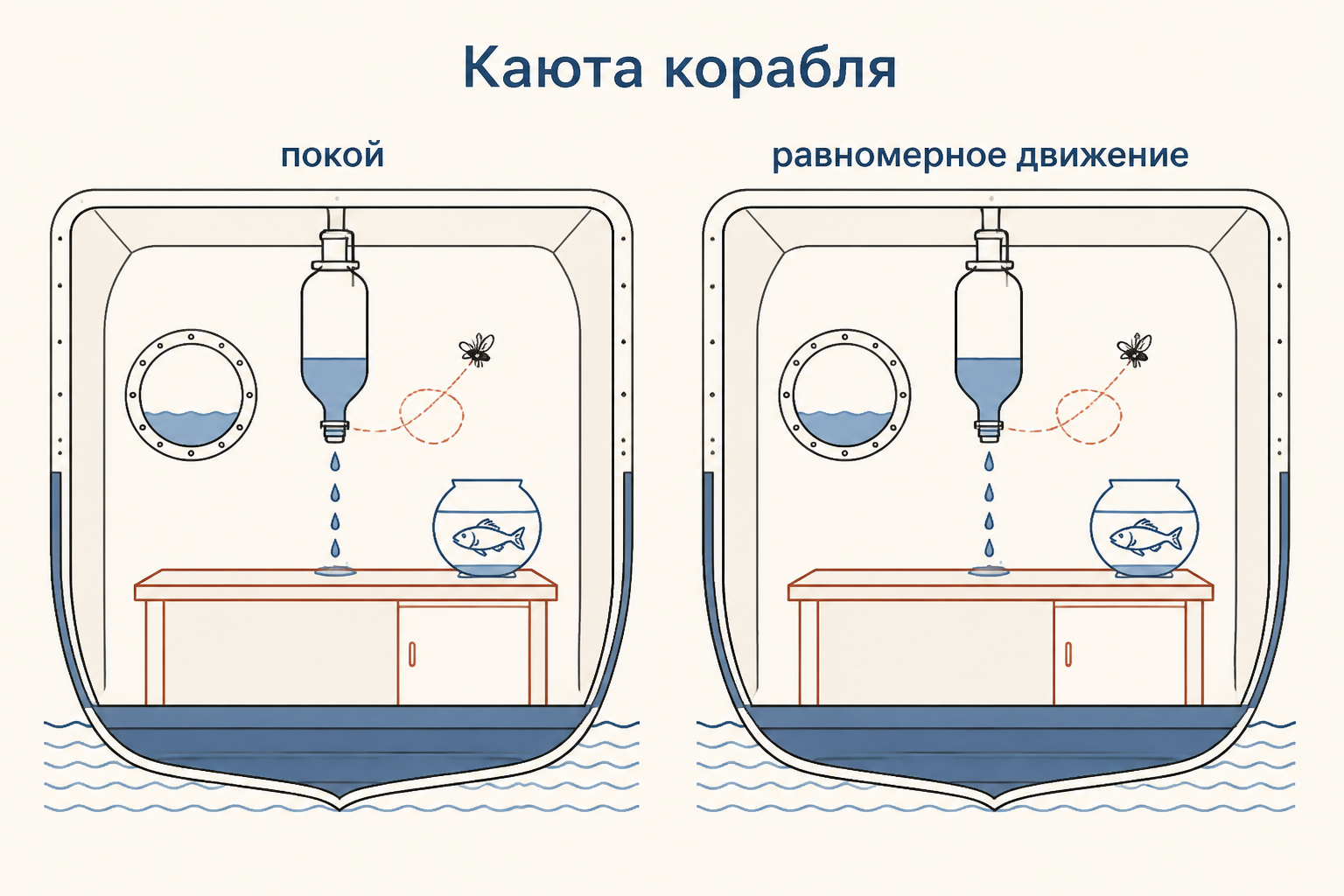 Каюта корабля Галилея: одинаковые внутренние опыты при покое и равномерном движении