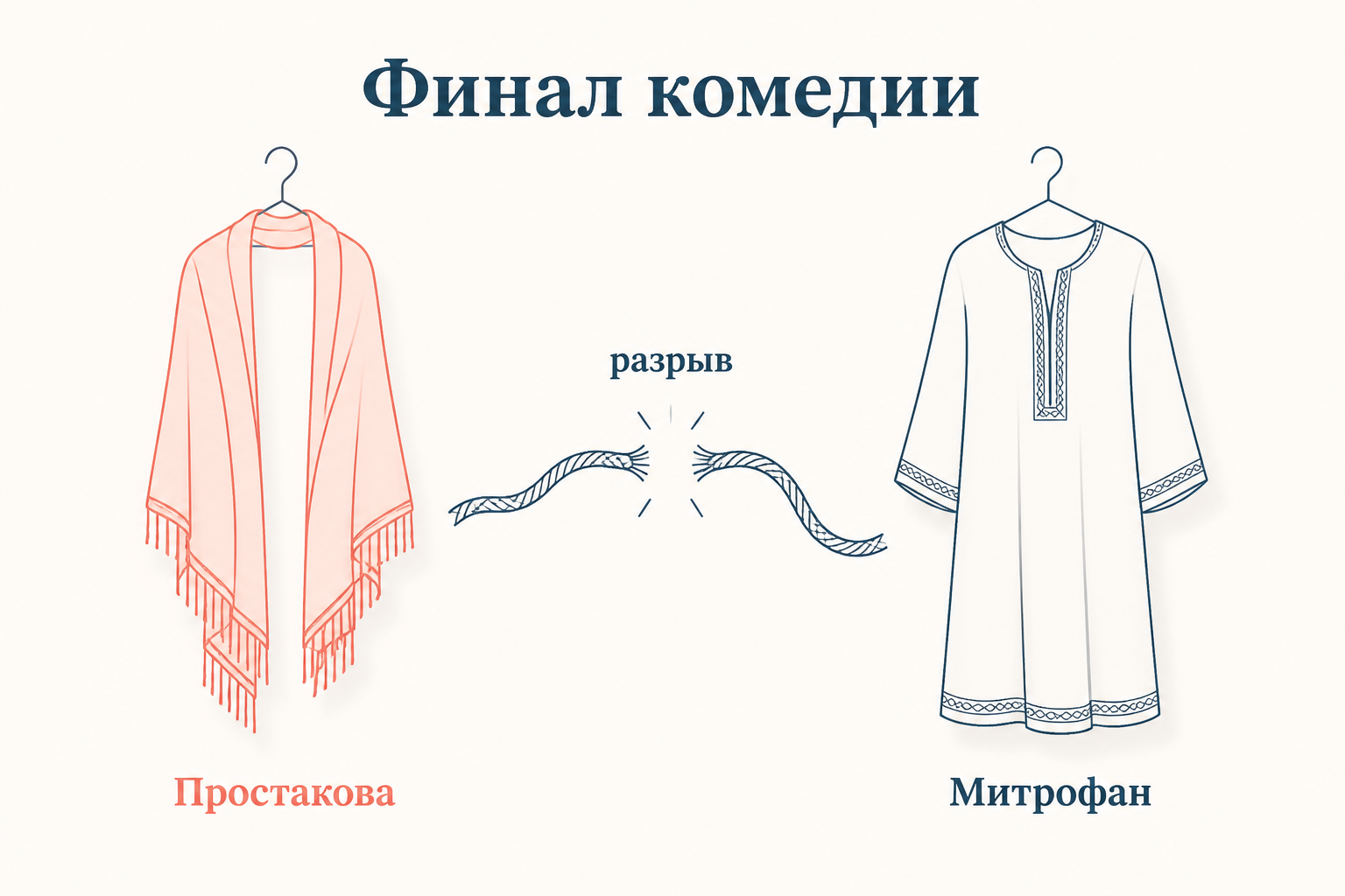 Шаль Простаковой и кафтан Митрофана, между ними разорванная нить с подписью разрыв