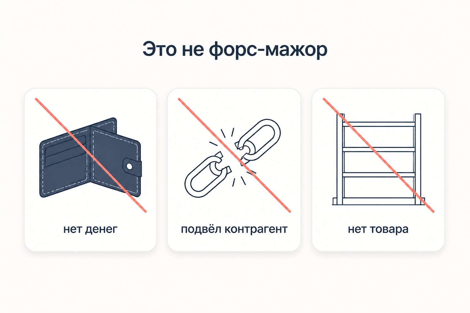 Три обстоятельства, которые закон не признаёт форс-мажором: нет денег, подвёл контрагент, нет товара на рынке
