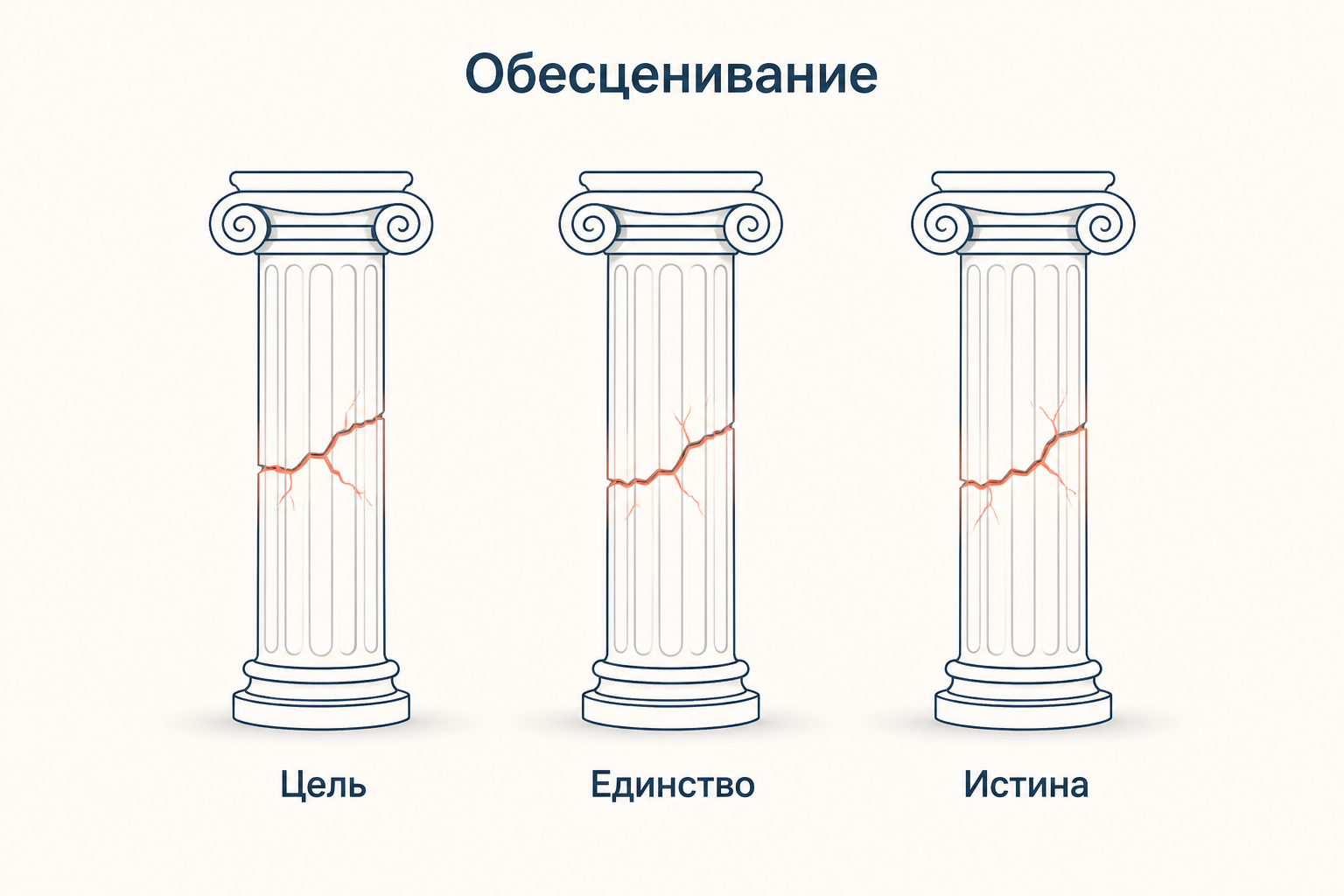 Три треснувшие колонны с подписями цель, единство и истина как три опоры, потерявшие силу