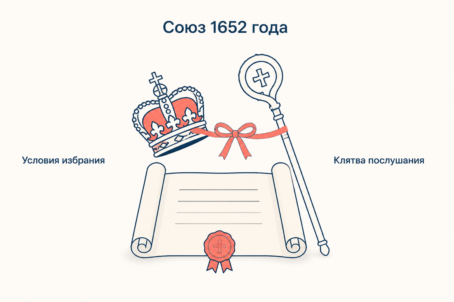 Царский венец и патриарший посох связаны лентой над грамотой об условиях избрания 1652 года
