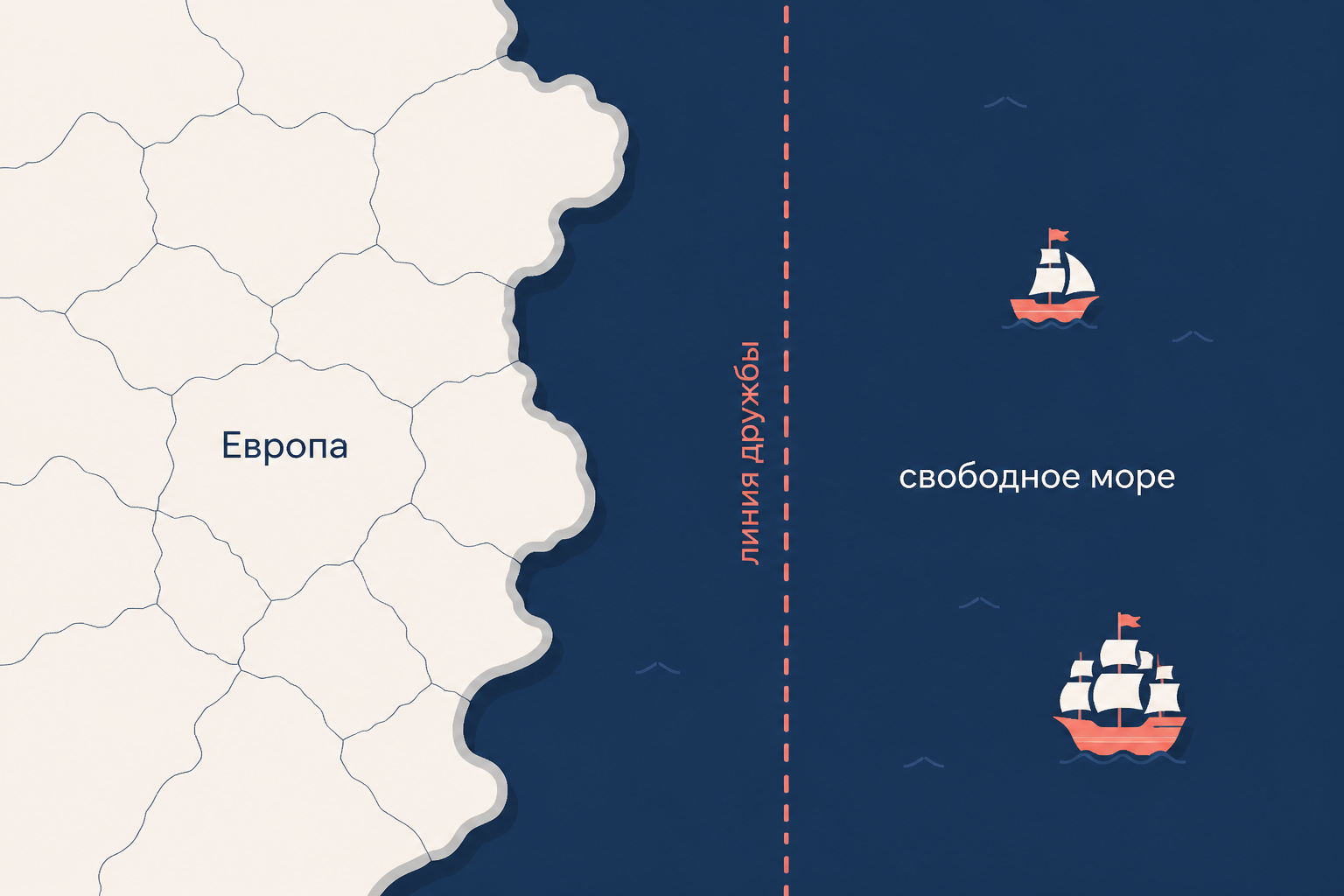 Карта-схема: поделённый границами европейский континент, открытое море с парусниками и пунктирная линия дружбы, за которой европейские договоры не действуют