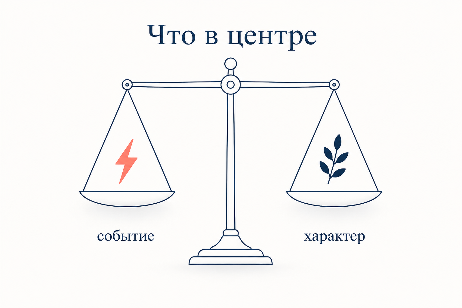 Схематические весы: на левой чаше молния как знак события, на правой ветвь как знак характера, две опоры сюжета малой прозы