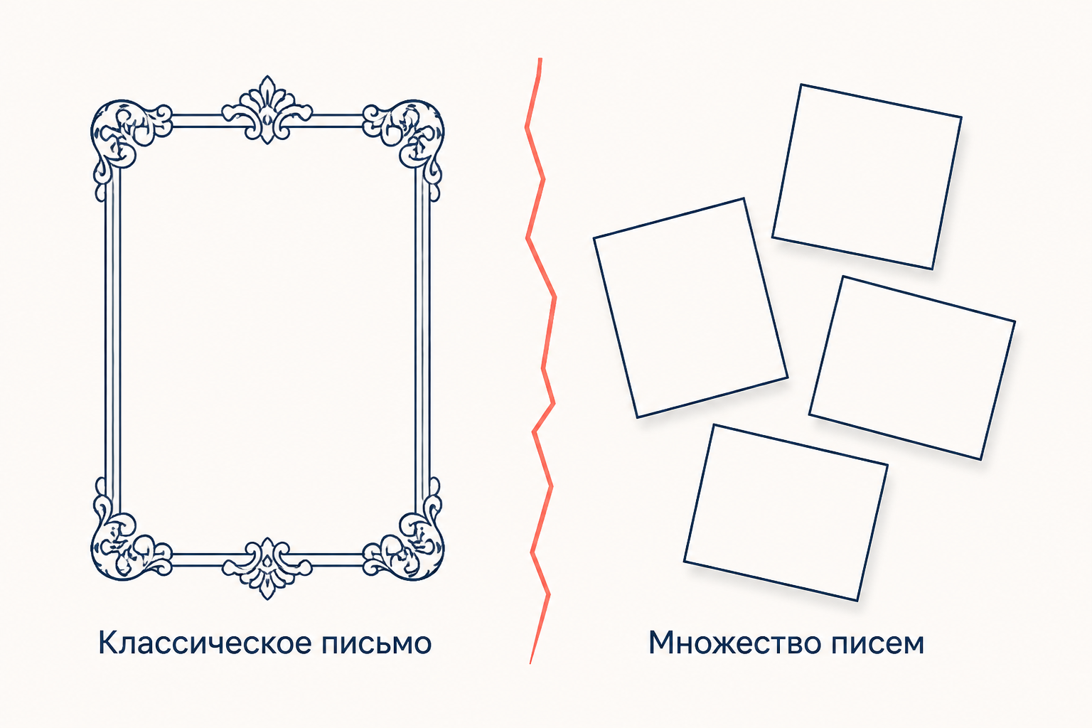 Слева украшенная рамка классического письма, справа она раскалывается на множество отдельных форм