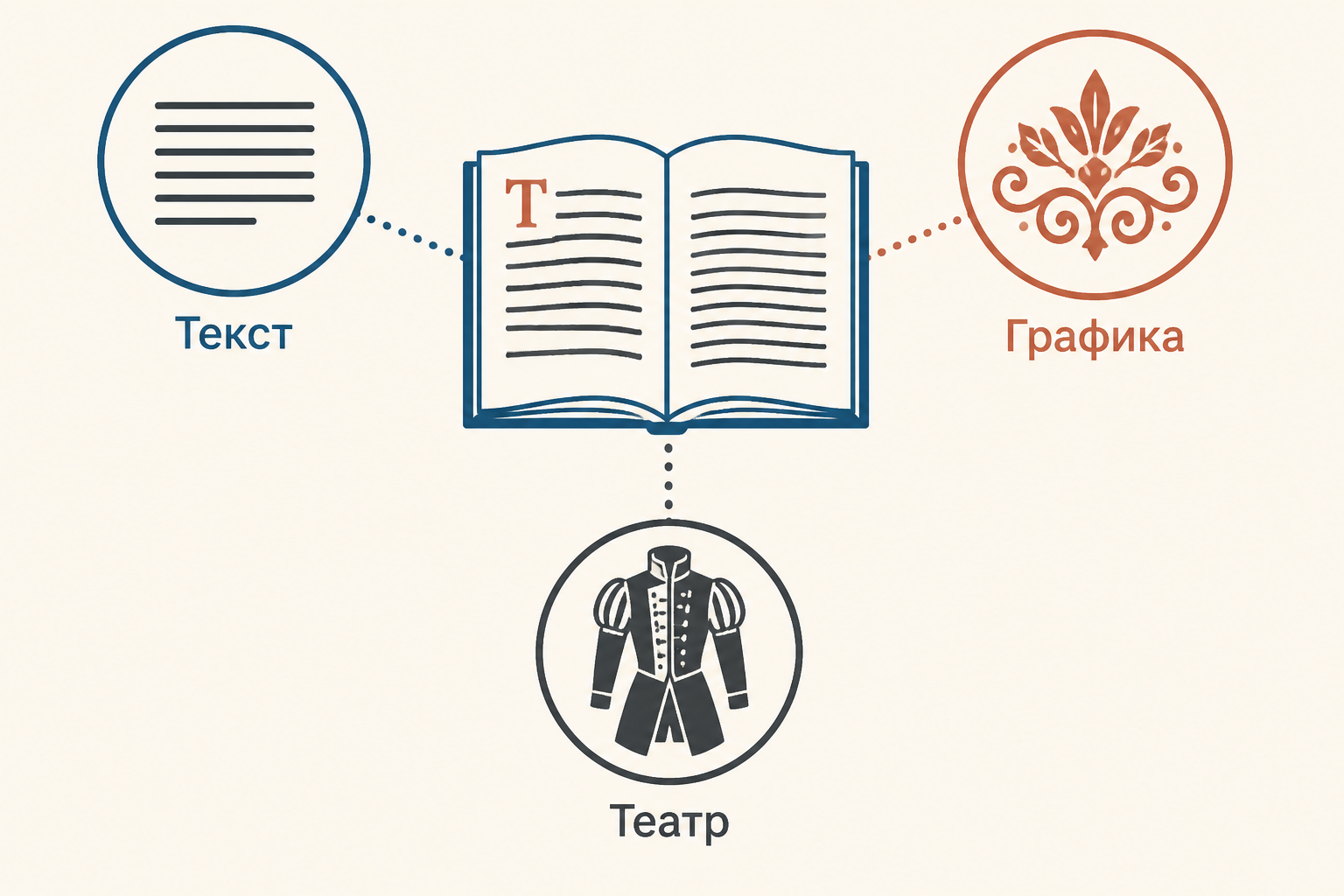 Книжная страница с орнаментом и фигурой художника, рядом схема перехода «Текст» - «Изображение» - «Сцена»