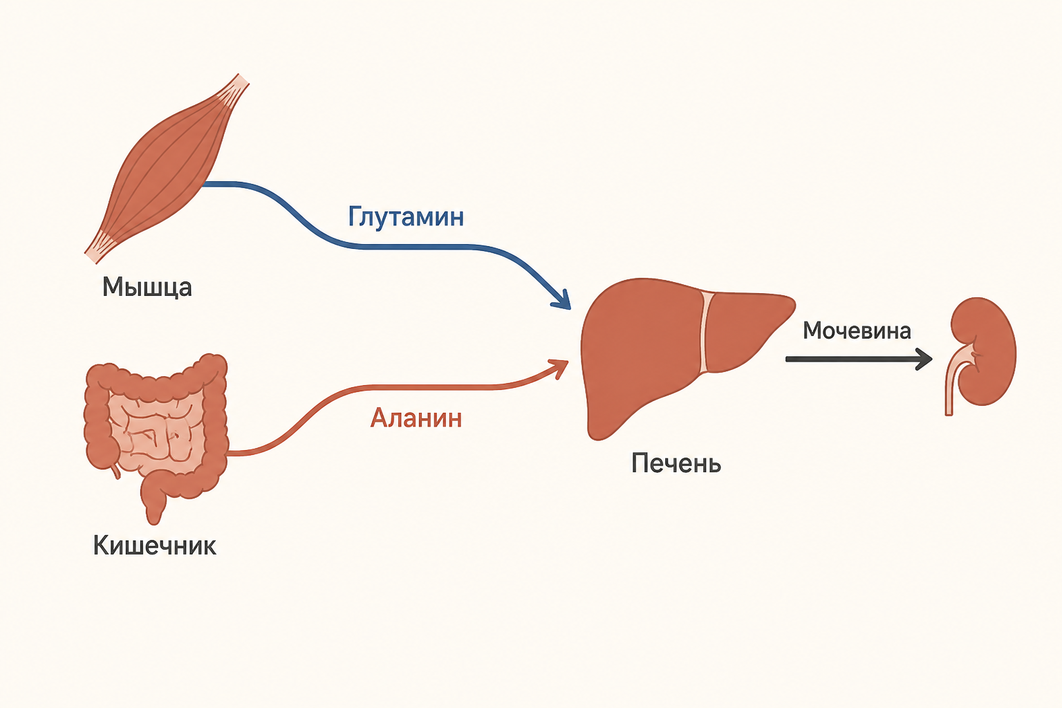 Схема источников аммиака и временного связывания азота: мышцы и кишечник направляют глутамин и аланин в печень