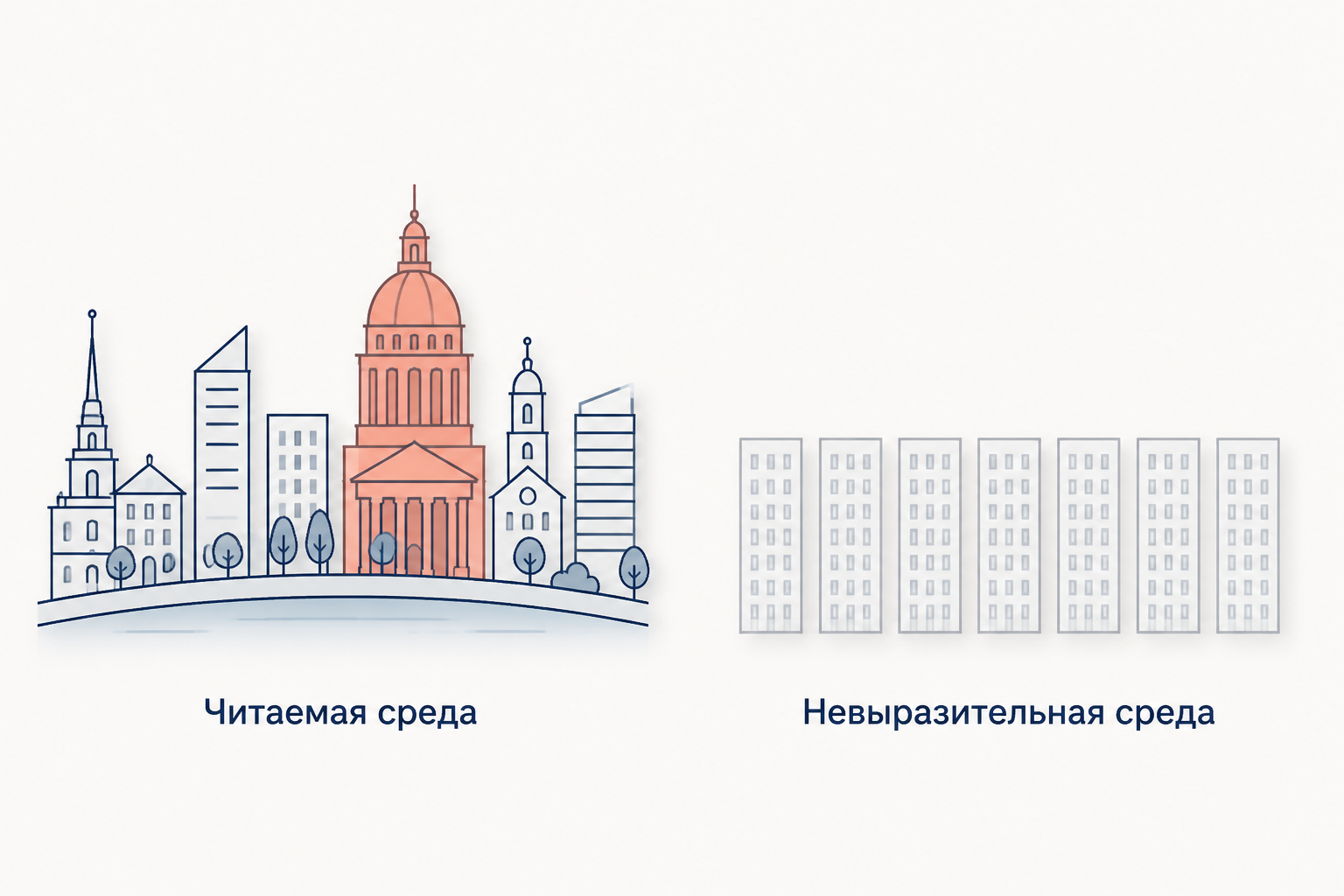 Сопоставление читаемой городской среды с ясным ориентиром и невыразительной однотипной застройки