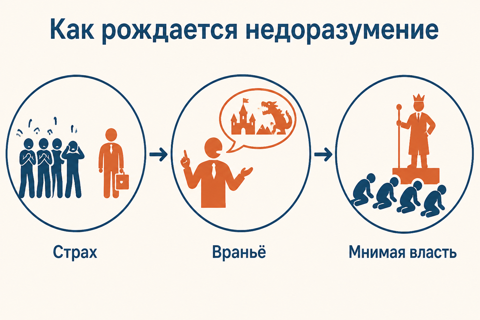 Схема, показывающая, как страх чиновников превращает случайного человека в мнимую власть