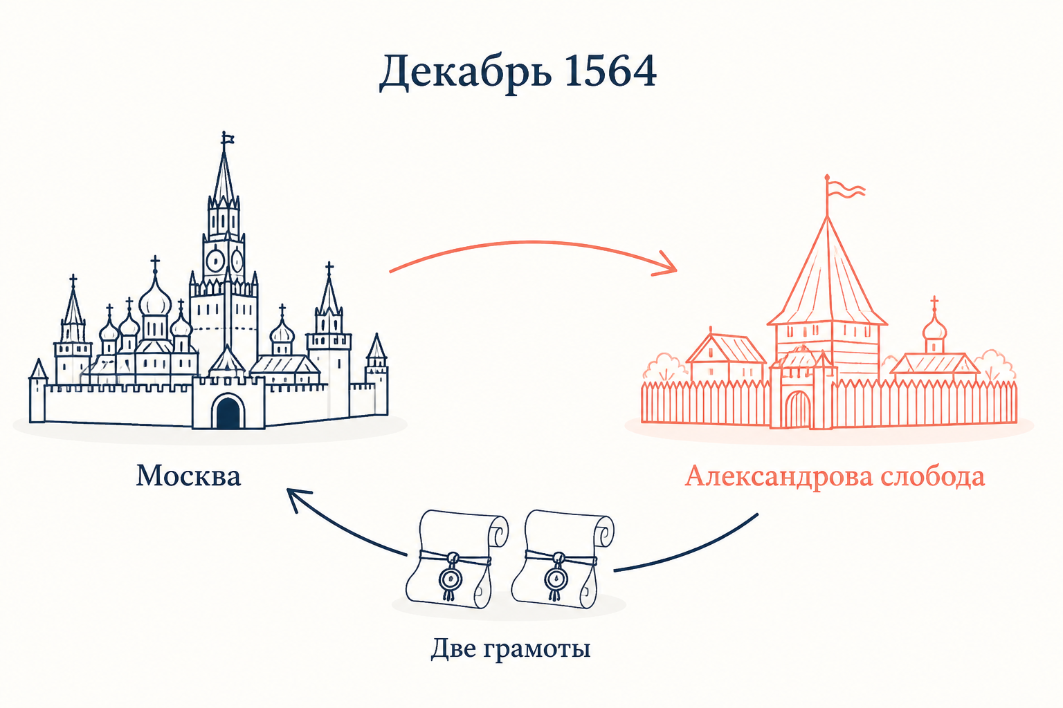 Схема отъезда царя в Александрову слободу зимой 1564 года и двух грамот, отправленных оттуда в Москву