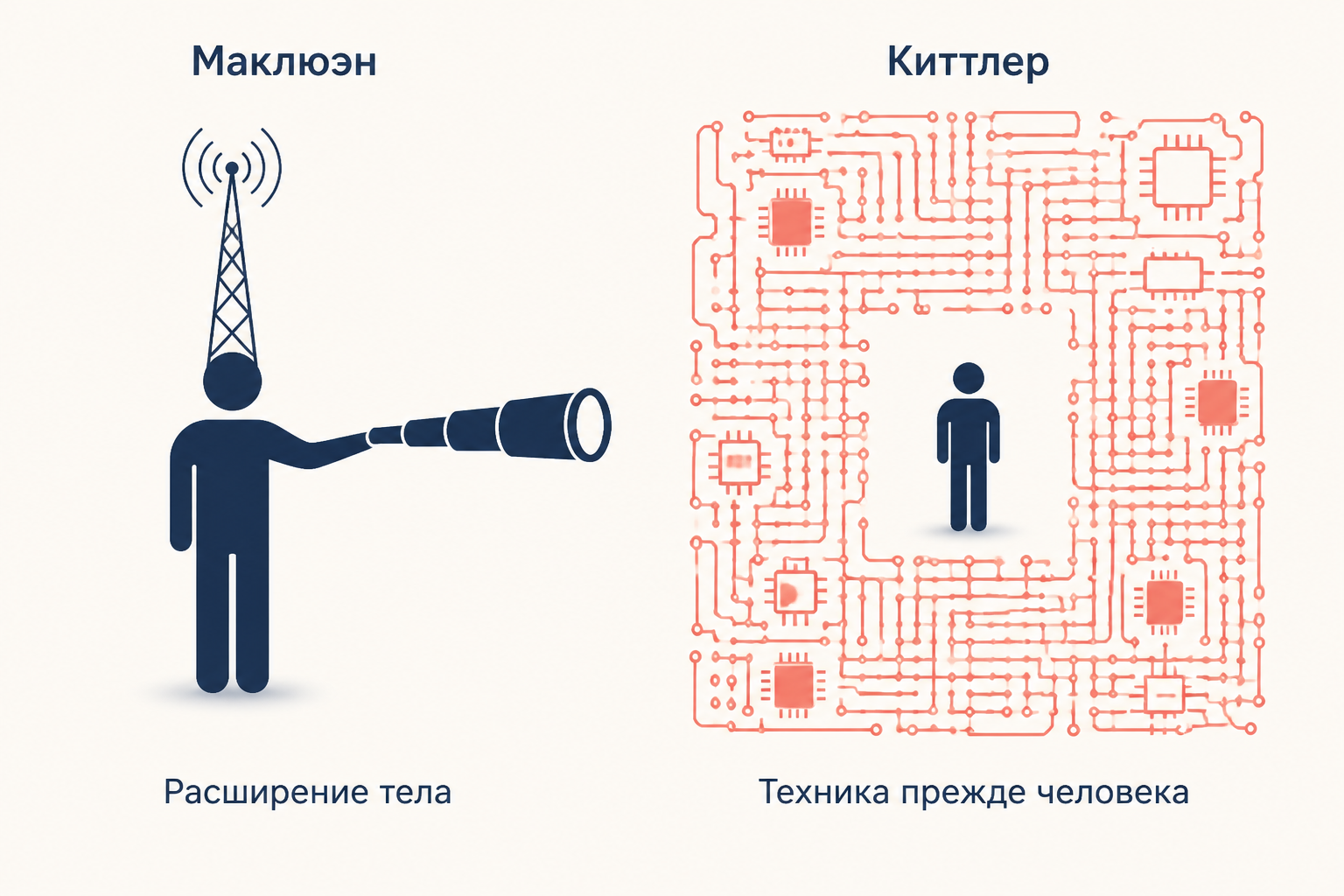Слева медиа как расширения тела по Маклюэну, справа человек внутри технической схемы по Киттлеру