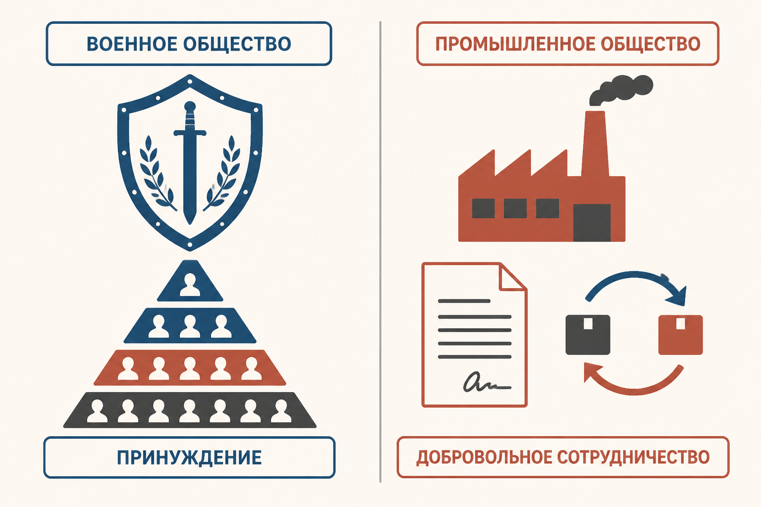 Сравнение двух идеальных типов: принуждение в военной организации и добровольное сотрудничество в промышленной