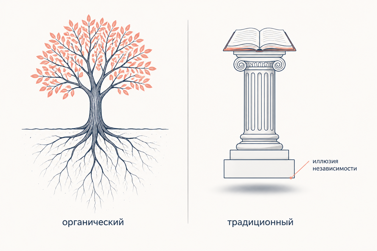 Дерево с корнями в почве и колонна с книгой на парящем пьедестале: органический интеллектуал связан с группой, традиционный лишь воображает свою независимость