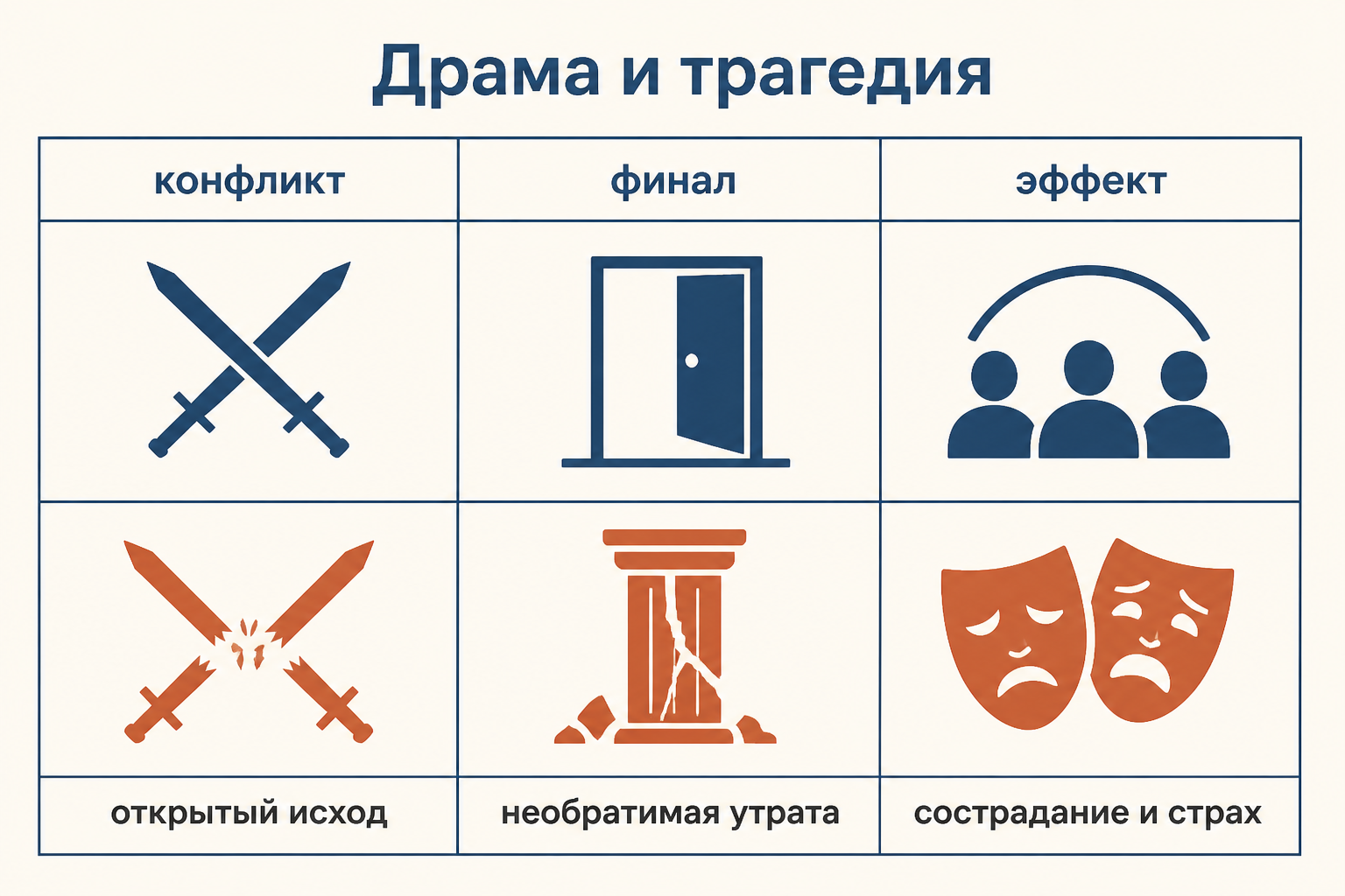 Сравнение драмы и трагедии по конфликту, финалу и зрительскому эффекту