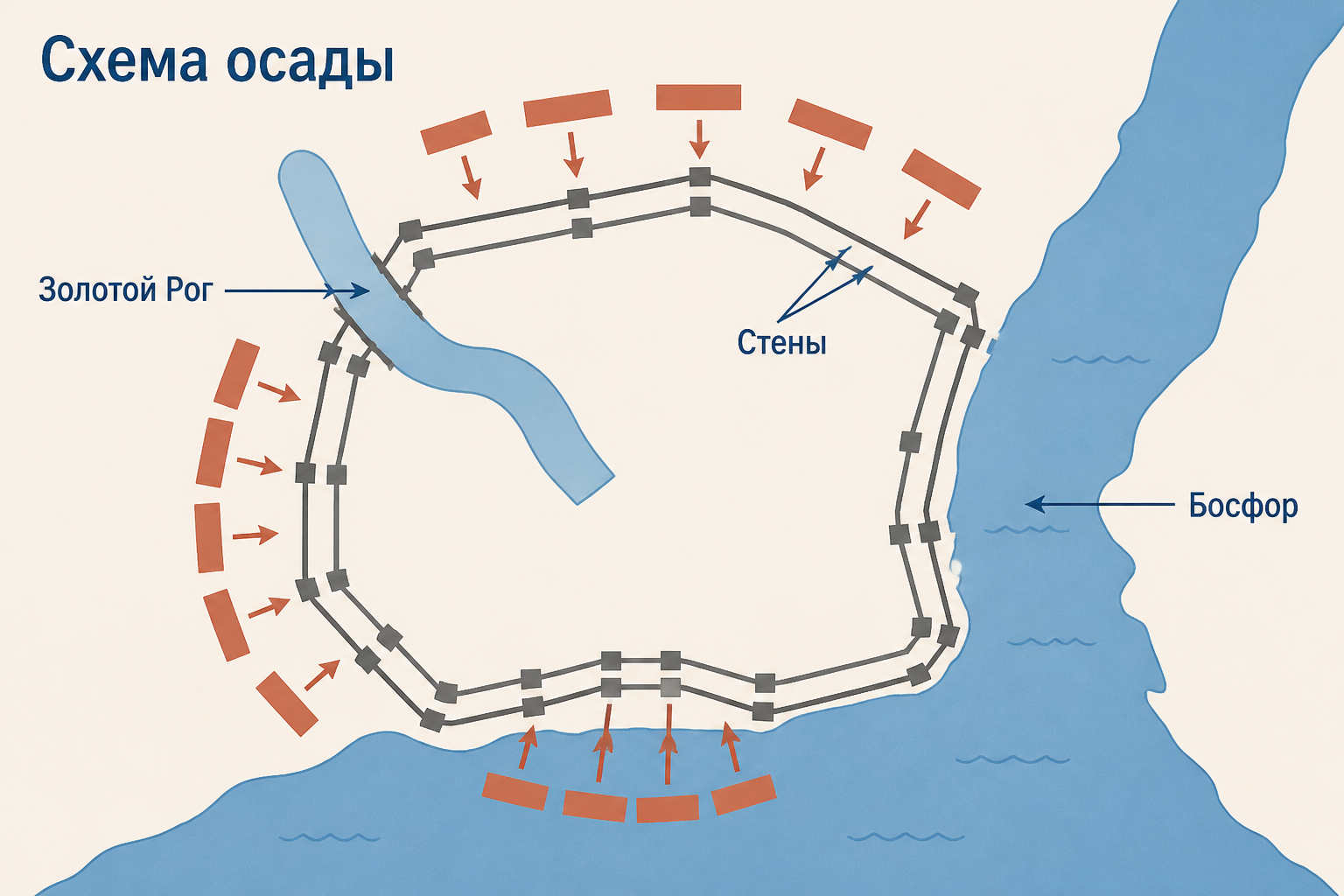Схема осады Константинополя: сухопутные стены, Босфор и Золотой Рог