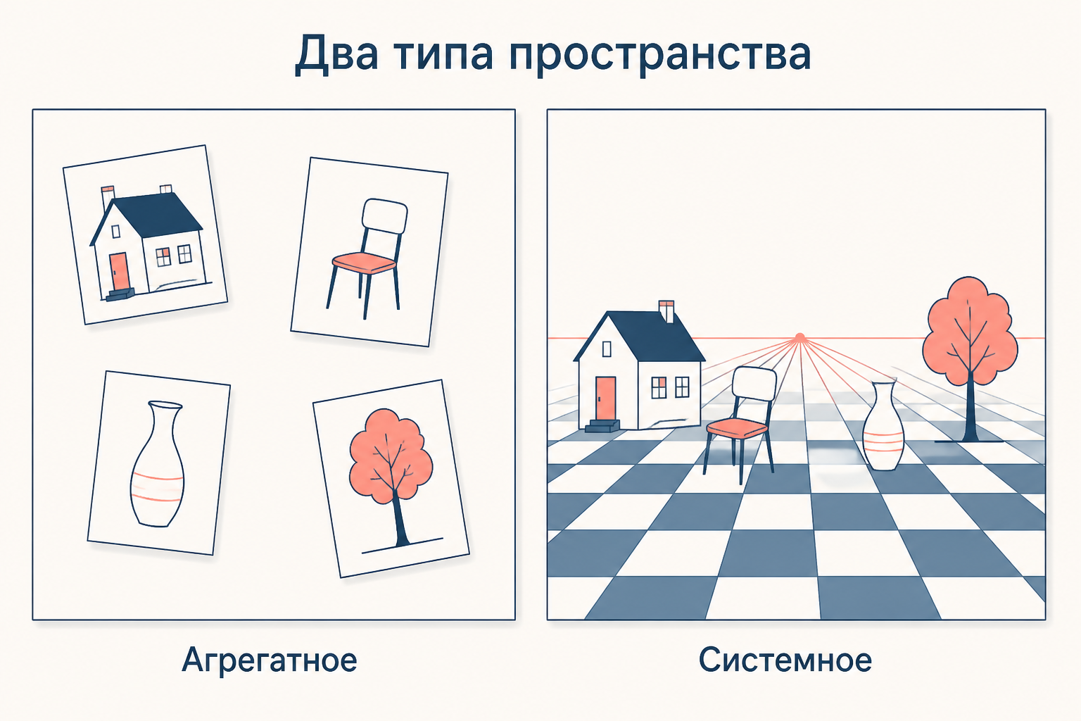 Два типа пространства: слева предметы изолированы каждый в своей рамке, справа они стоят на общем полу с единой точкой схода