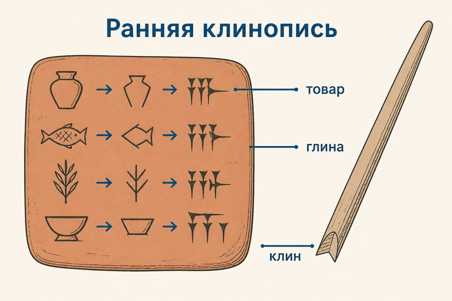 На глиняной табличке изображение товара превращается в клиновидные отпечатки