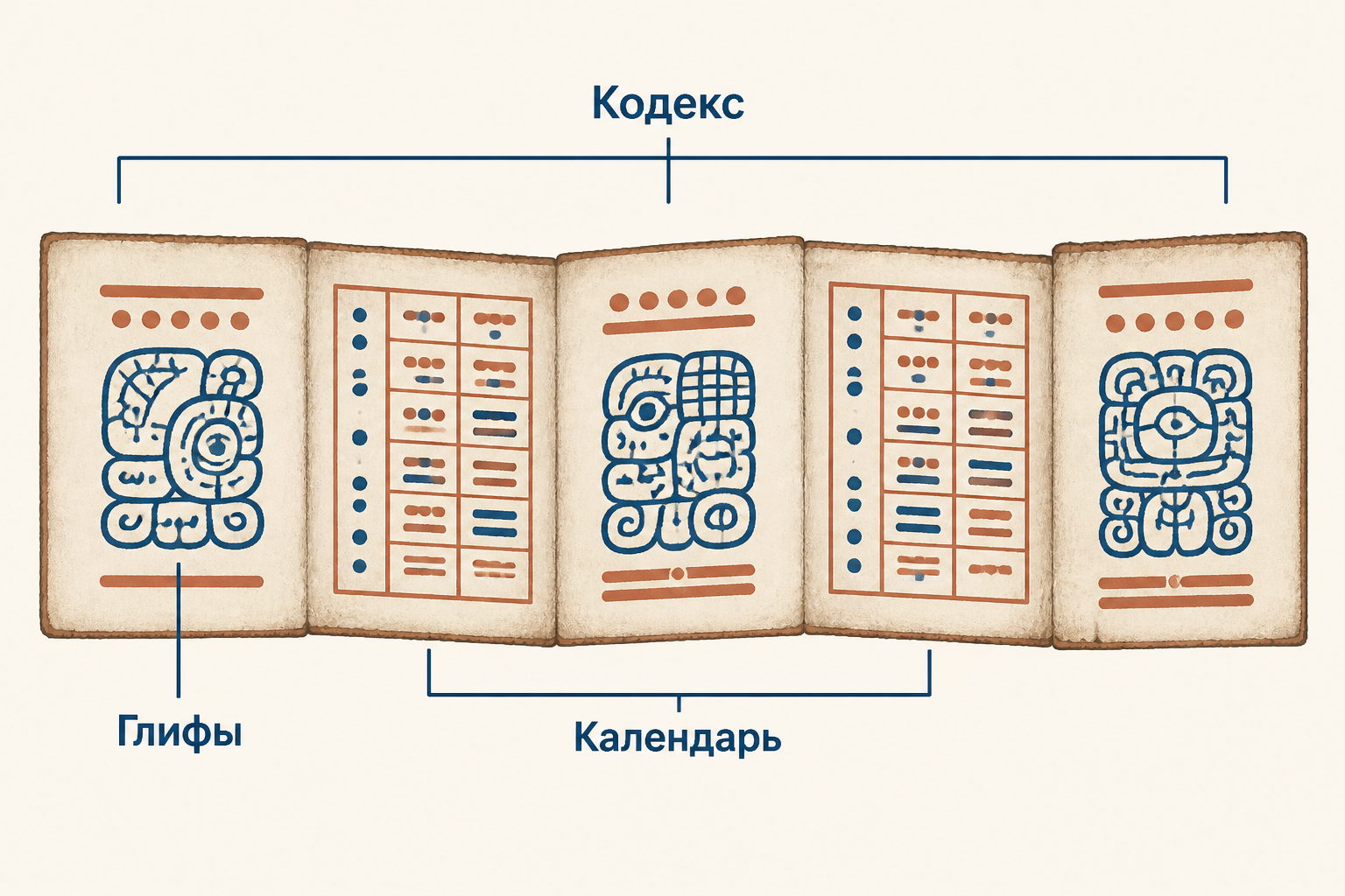 Дрезденский кодекс как складная рукопись майя с календарными таблицами и знаками на известковой поверхности