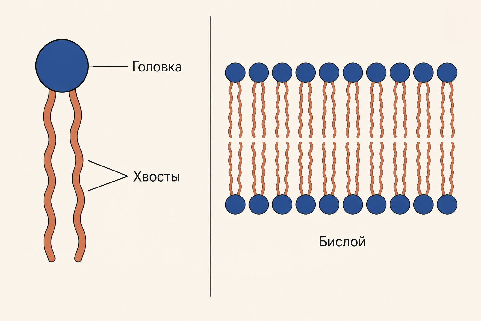 Строение фосфолипида: полярная головка и два гидрофобных хвоста, из которых собирается бислой