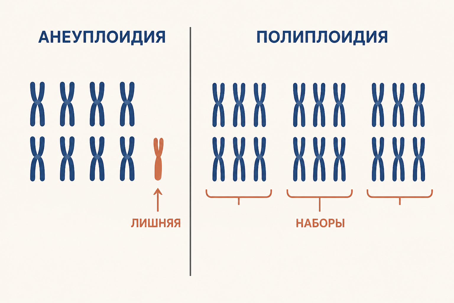 Анеуплоидия меняет число отдельных хромосом, а полиплоидия добавляет целые наборы