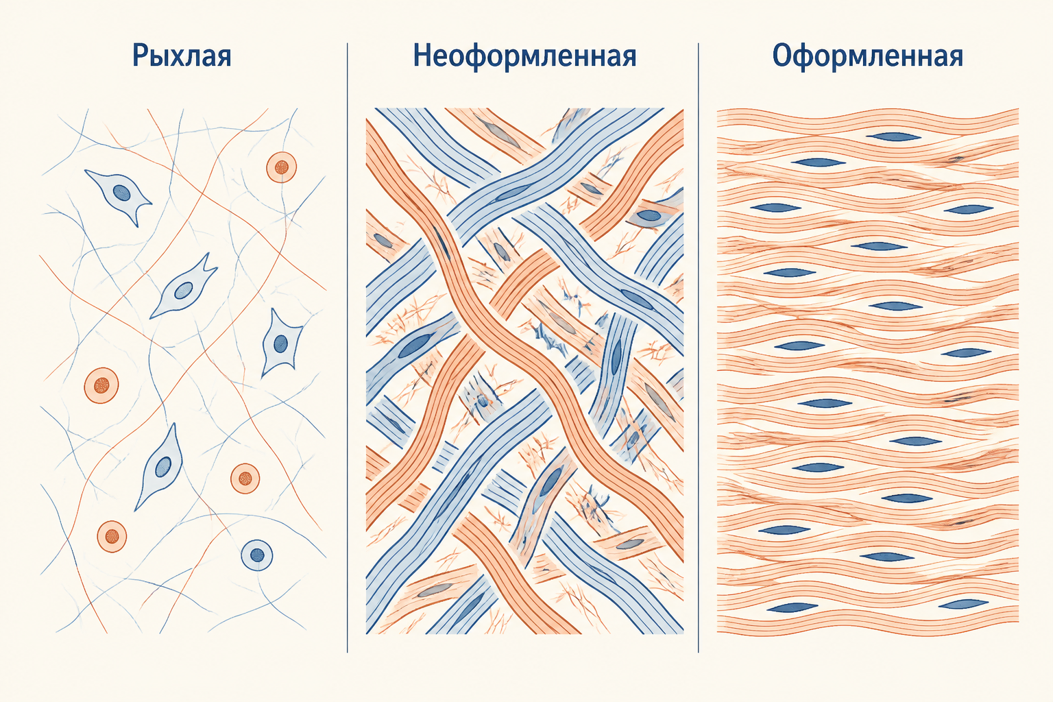 Схема классификации волокнистой соединительной ткани: рыхлая ткань, плотная неоформленная и плотная оформленная с параллельными пучками