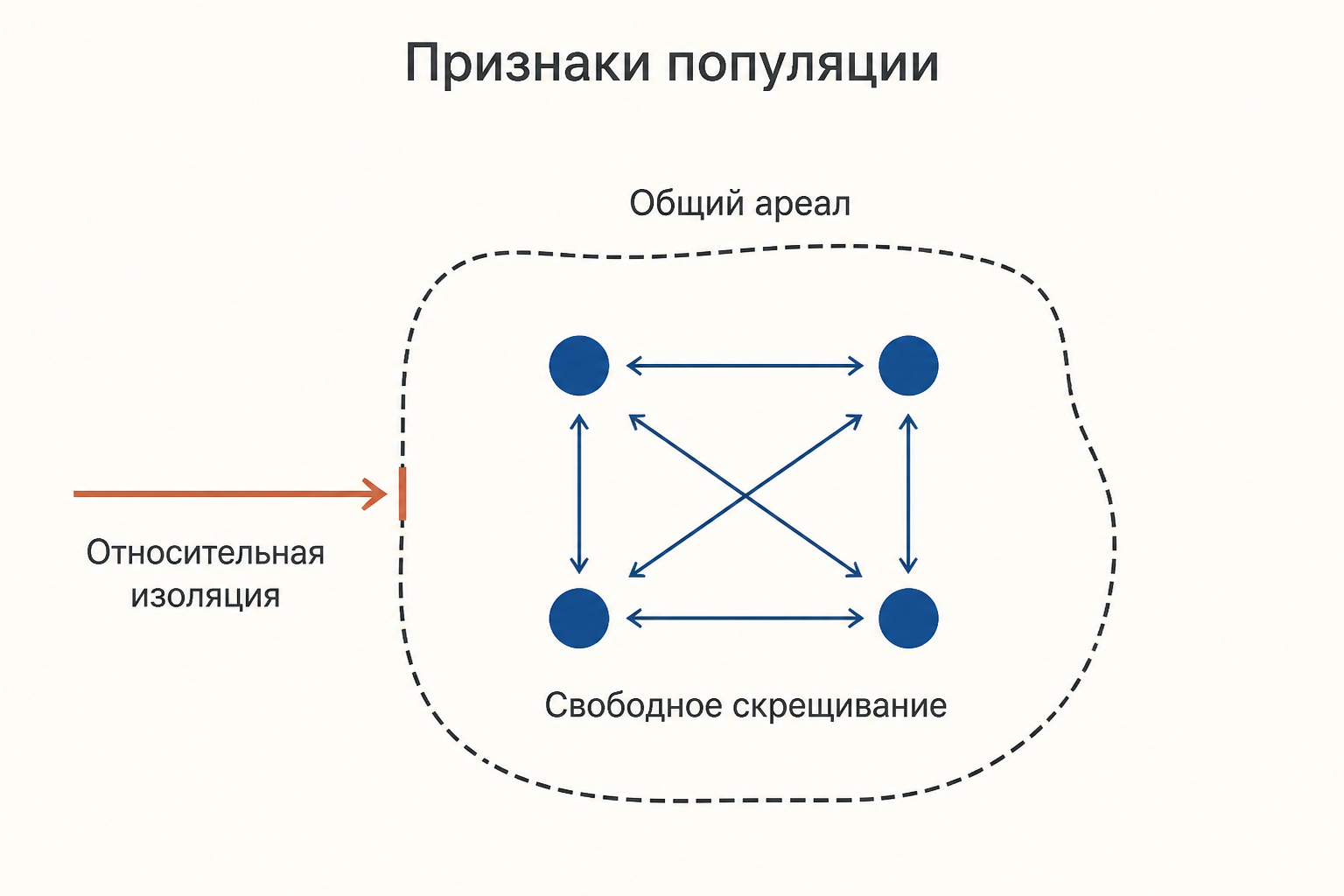 Схема признаков популяции: общий ареал с группой особей внутри пунктирной границы, стрелки свободного скрещивания и перекрытый поток генов извне