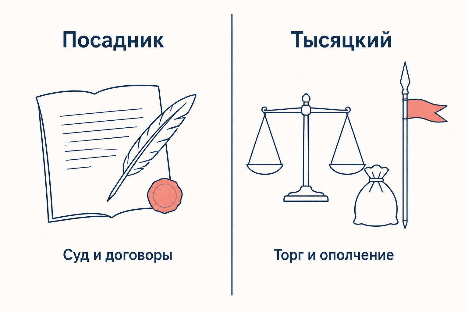 Сопоставление обязанностей: грамота с пером и печатью у посадника, весы и копьё у тысяцкого