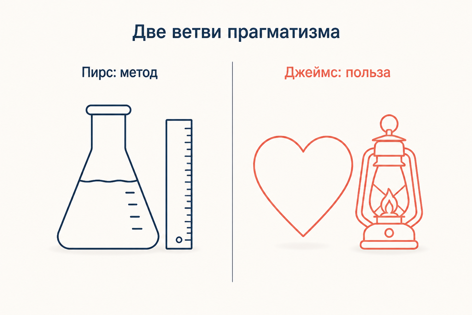 Сопоставление двух версий прагматизма: у Пирса метод прояснения понятий, у Джеймса критерий истины и работающая вера
