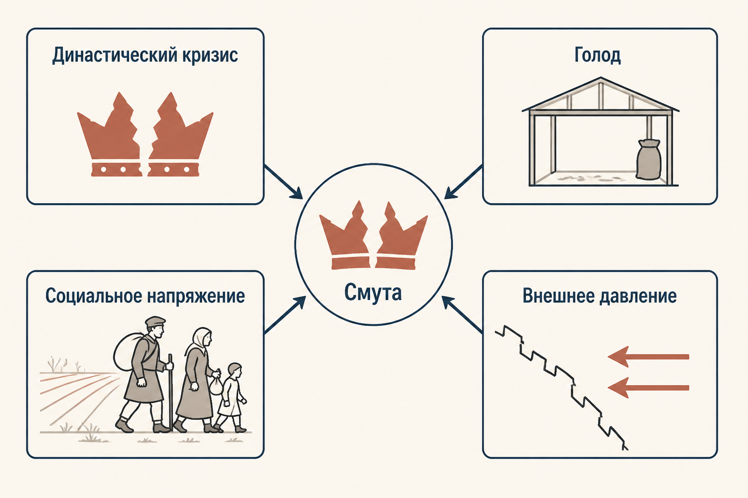 Схема причин Смутного времени: династический, социальный, хозяйственный и внешний кризисы сходятся в центре