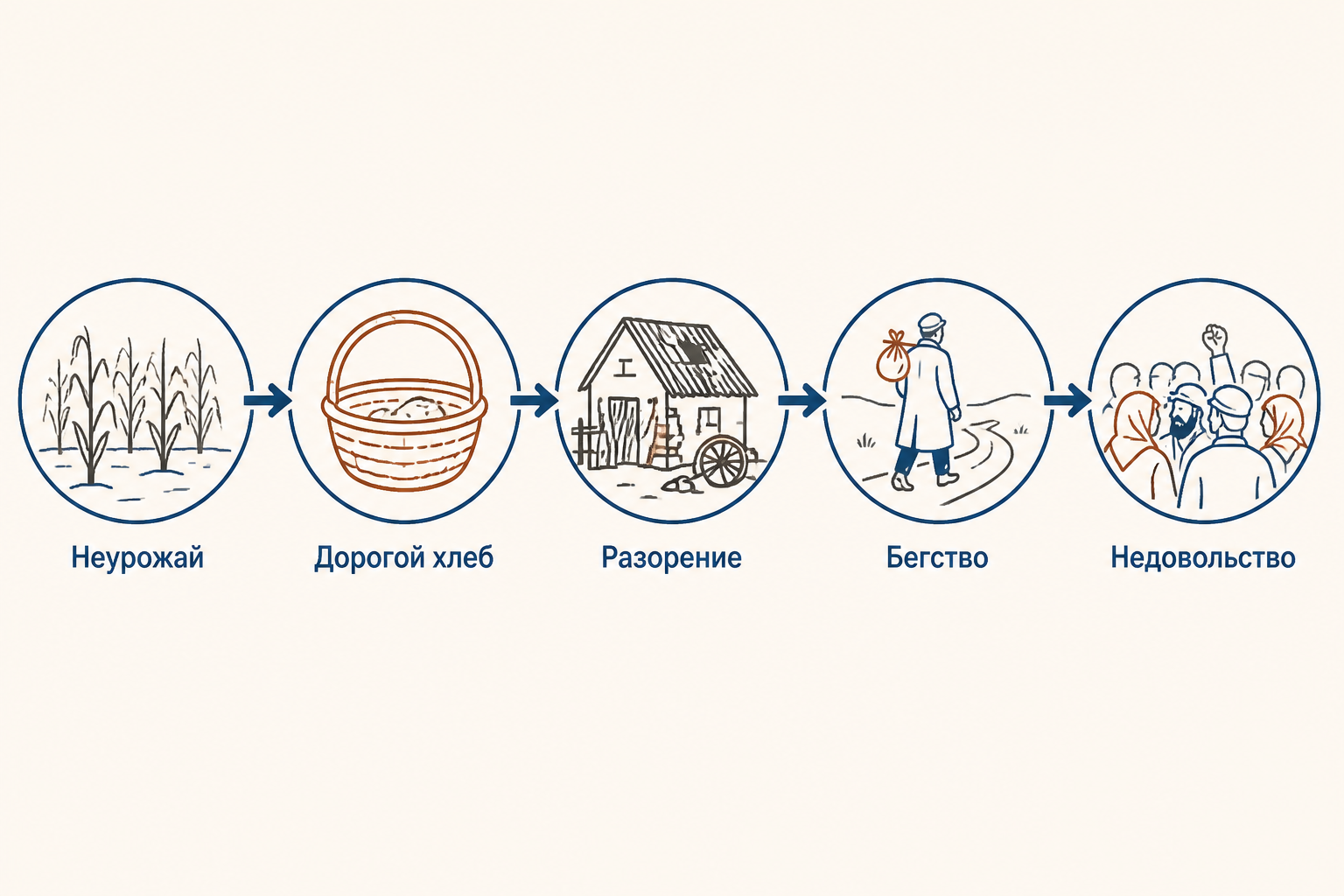 Причинная цепочка голода: неурожай, дорогой хлеб, разорение дворов, бегство и рост недовольства