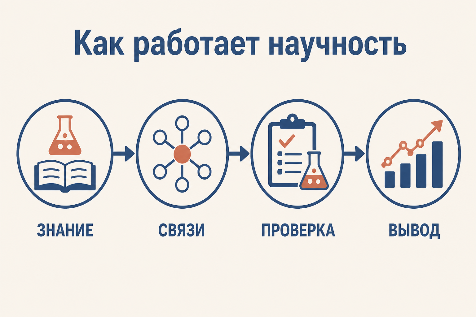 Цепочка научного обучения от знания и связей к проверке и выводу