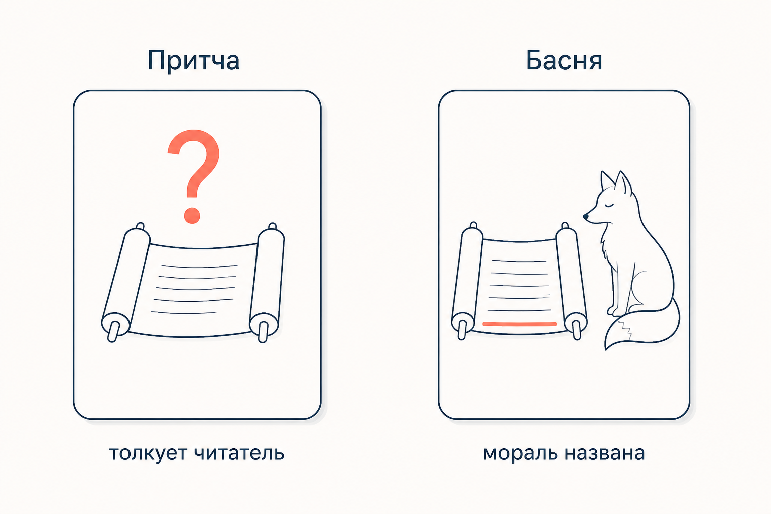Сопоставление двух жанров: слева свиток со знаком вопроса и открытым толкованием, справа свиток с подчёркнутой строкой морали и фигурой лисы