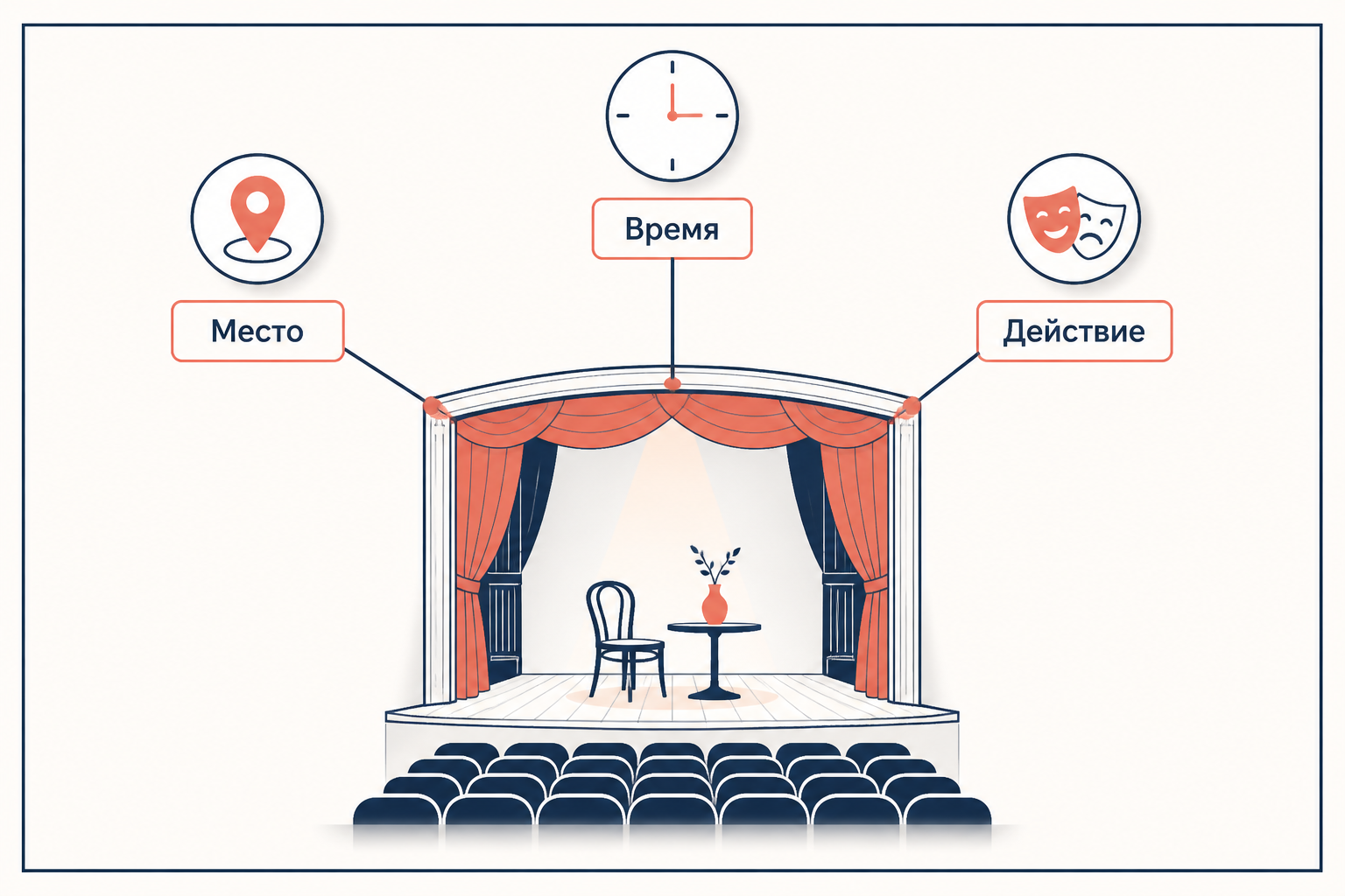 Схема трёх единств в классицистической драме: одно место, сжатое время и единое действие