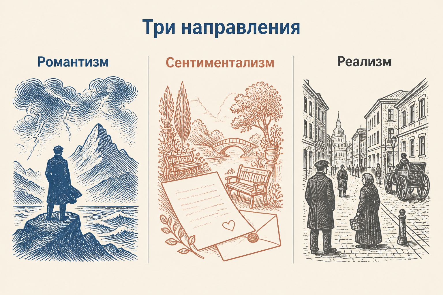Сравнение романтизма, сентиментализма и реализма по типу героя и отношению к действительности