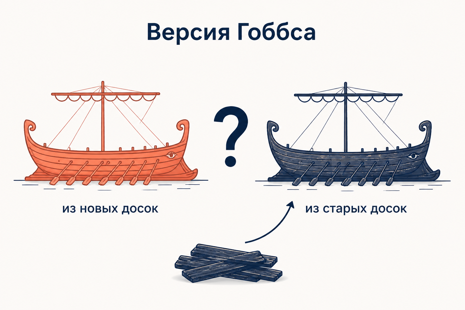Два одинаковых корабля: слева отремонтированный из новых досок, справа собранный из снятых старых досок; между ними вопрос, какой из них Тесеев