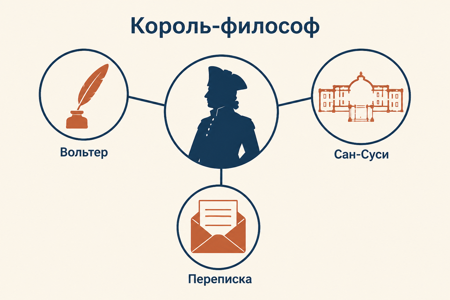 Фридрих II как правитель-философ: корона, перо и план дворца Сан-Суси на фоне прусского государства