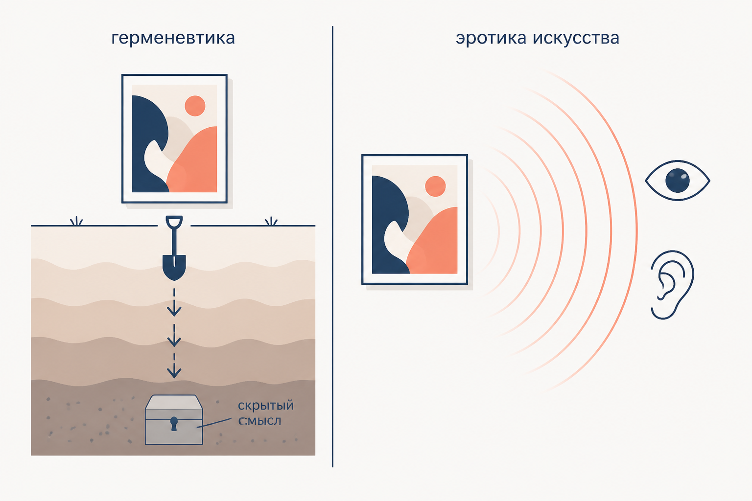 Две установки рядом: герменевтика раскапывает под картиной скрытый смысл, эротика искусства воспринимает саму картину зрением и слухом