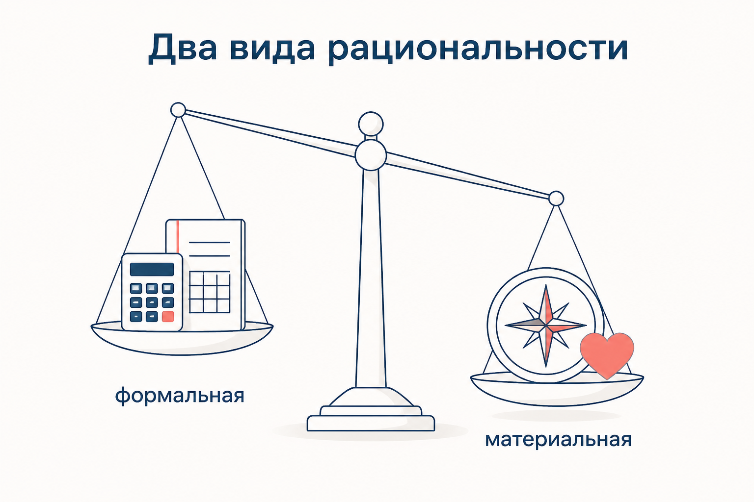 Весы, на одной чаше калькулятор и гроссбух, на другой роза ветров и сердце: формальная и материальная рациональность тянут в разные стороны