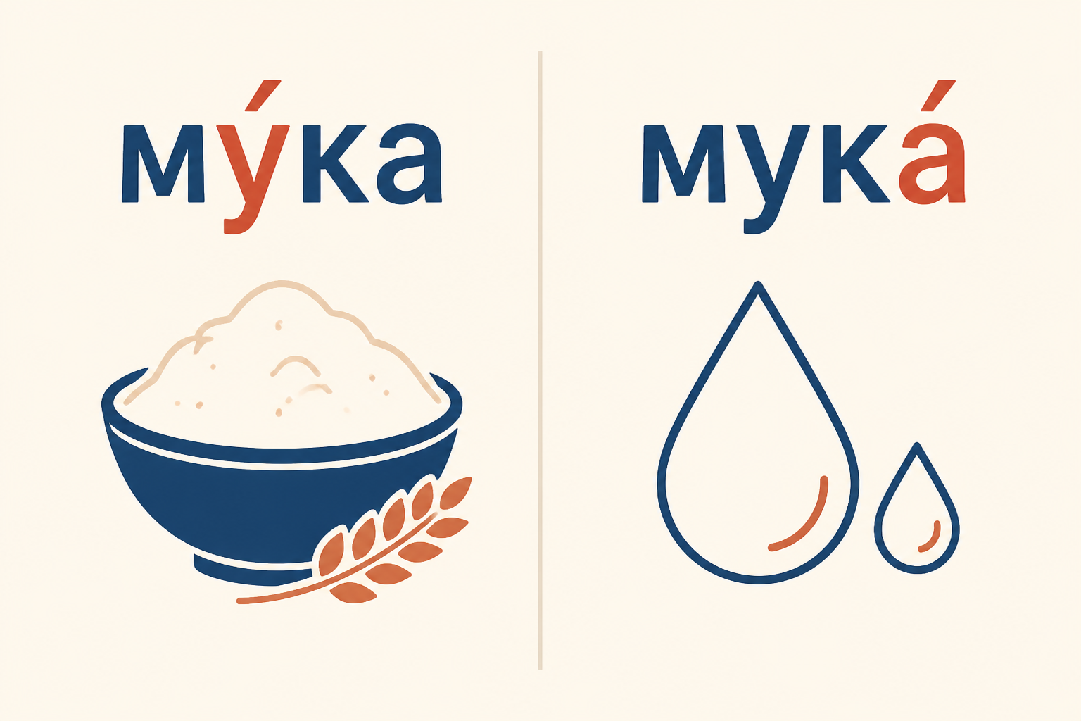 Пара омографов му́ка и мука́: одно написание, два ударения и два значения
