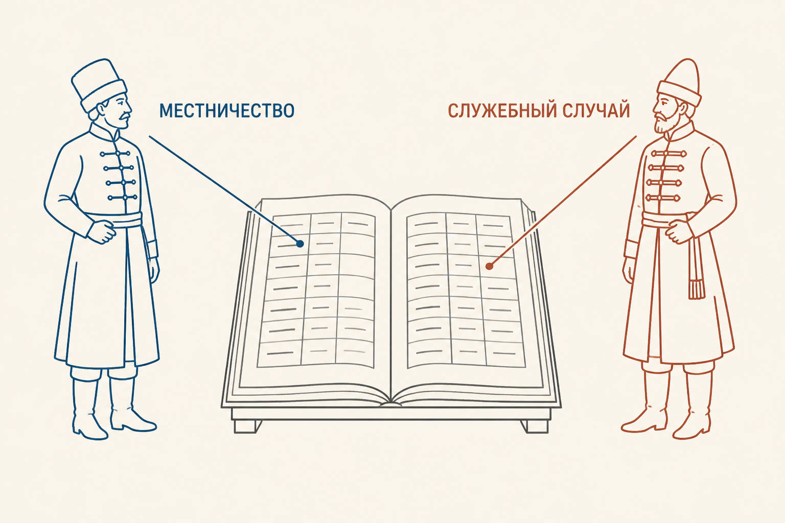 Два служилых человека сопоставляют записи о службе, а между ними лежит раскрытая разрядная книга с ярлыком Местничество