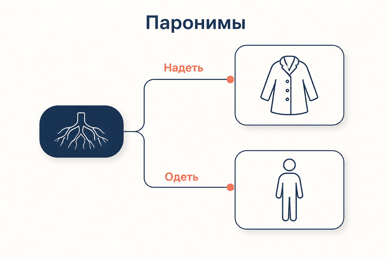 Схема паронимов: два похожих слова расходятся к разным объектам, одеть кого-то и надеть что-то