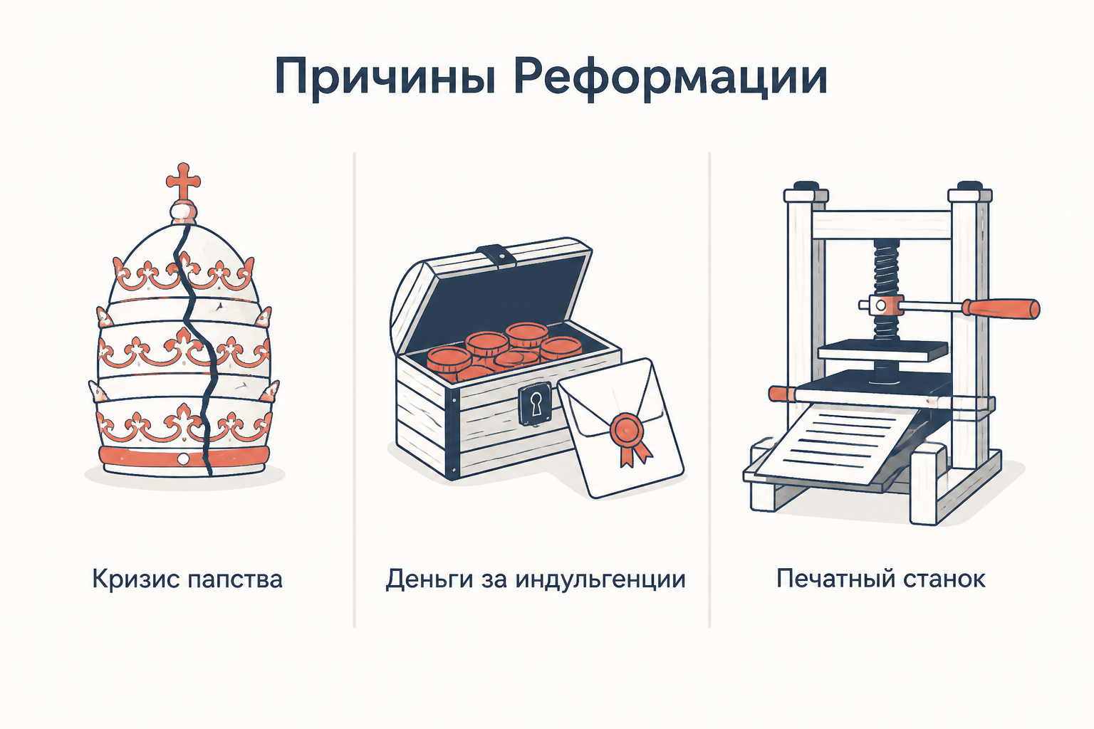 Схема причин Реформации: кризис авторитета папства, сбор денег за индульгенции и печатный станок как ускоритель спора