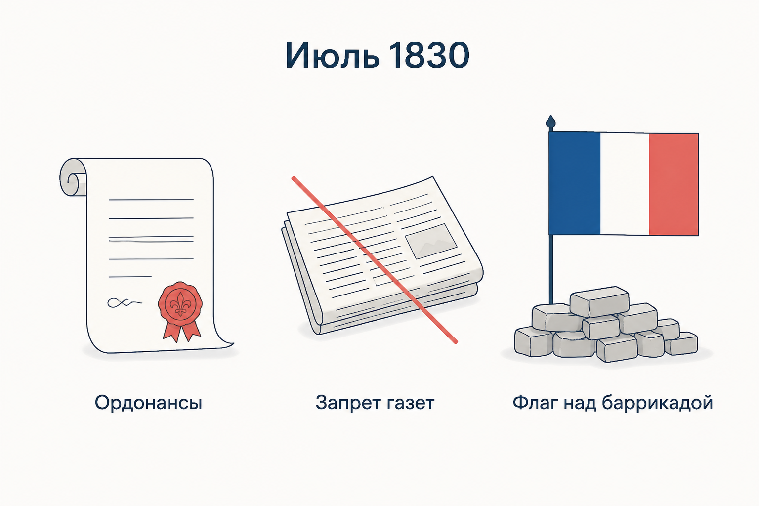 Июль 1830 года: ордонансы Полиньяка, запрет газет и трёхцветный флаг над баррикадой